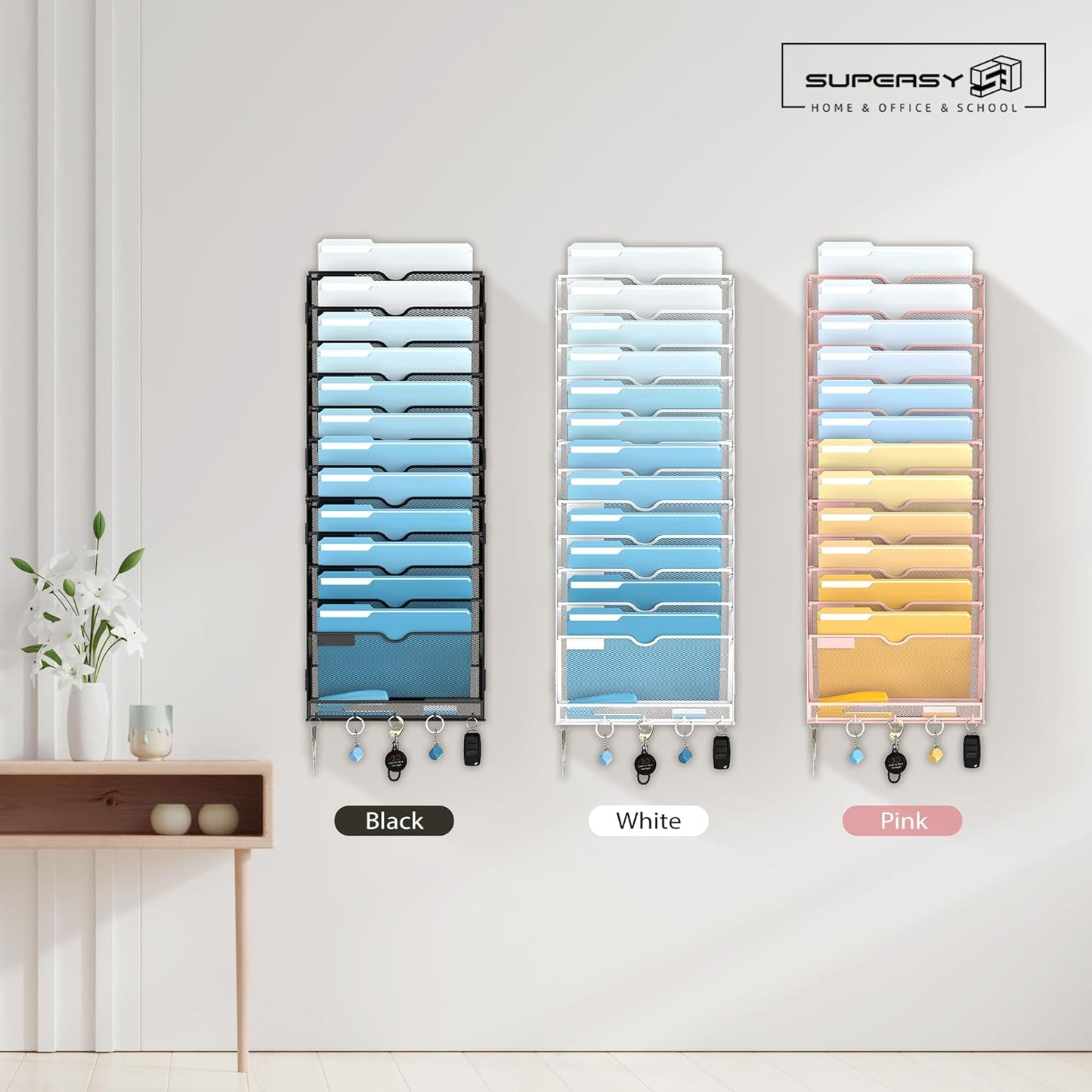 SUPEASY 13-Tier Wall File Holder Organizer with Hooks, Mesh Hanging File Organizer, Mail Organizer Wall Mounted for Papers, Folders, Office Magazine Rack, Assembly Needed, Black 2 pack