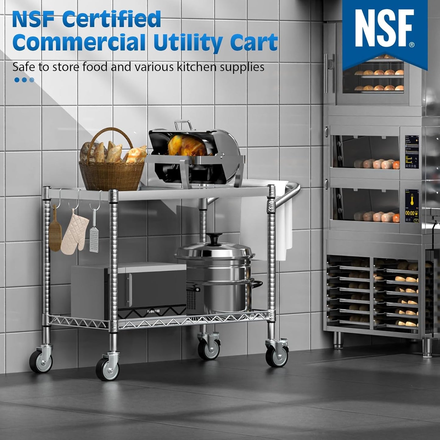 Leteuke 2 Tier Utility Tool Cart with Wheels, 900LBS Capacity Heavy Duty Rolling Utility Carts with Handle, Commercial Grade Metal Serving Storage Cart for Warehouse Garage Kitchen,Silver