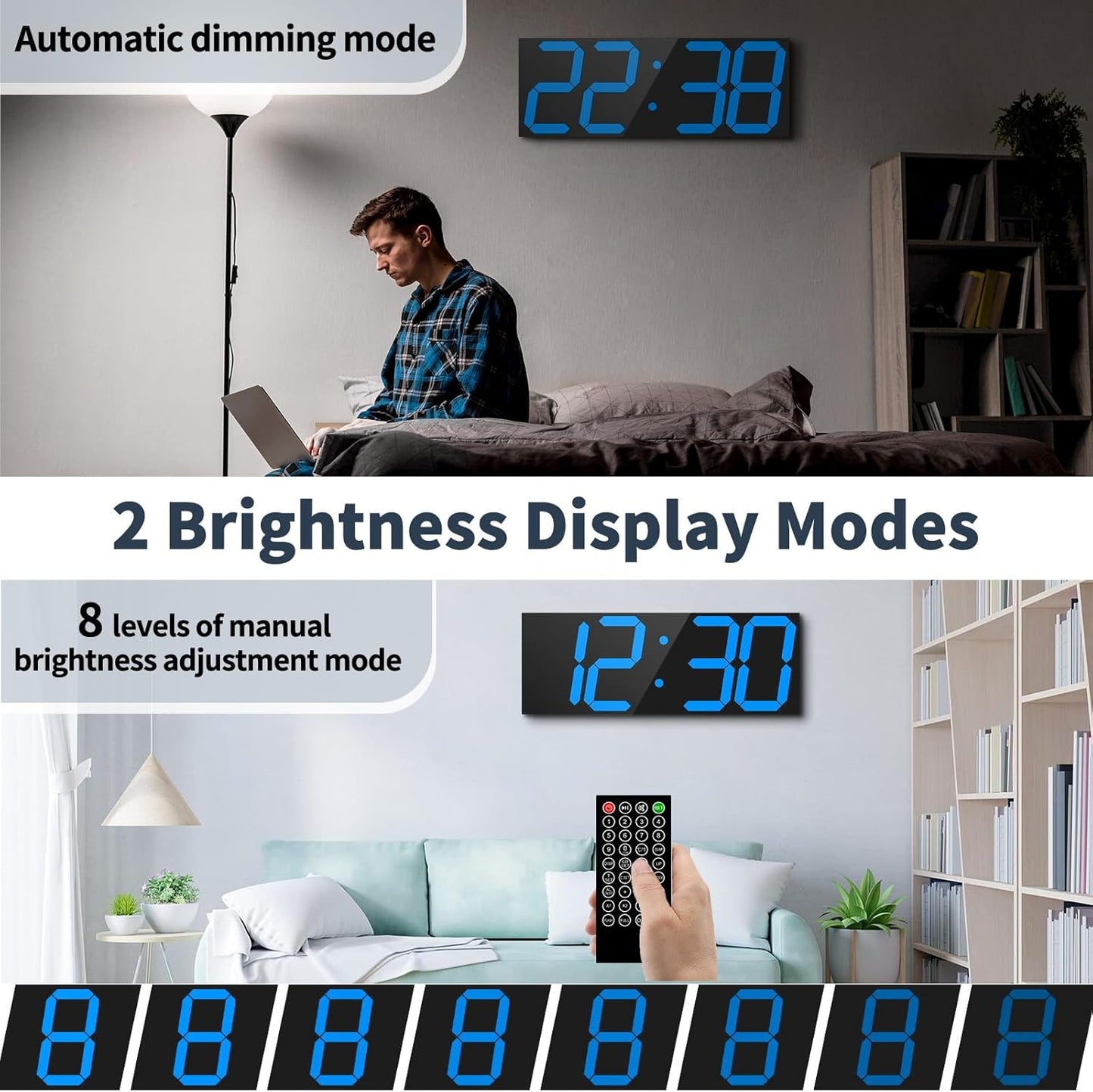 18.7'' Automic Digital Wall Clock, LED Wall Clock with Large Display, Multi-Function Clock with Alarm and Timer, Auto Time Sync Digital Clock with Adjustable Brigthness(Blue)