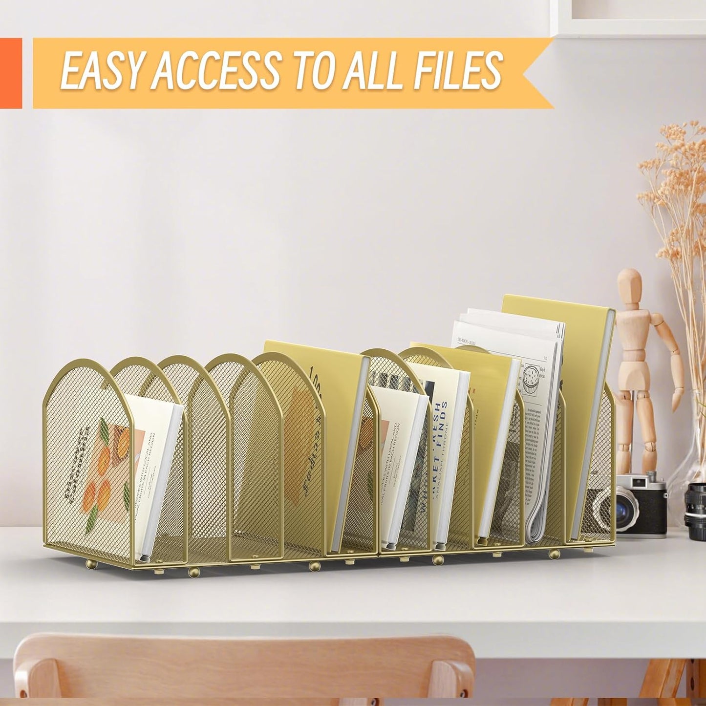 Desk File Organizer 5 Sections Desktop Organizer File Sorter Office Organization File Folder Holder for Office School & Classroom (Gold, 5 Section - 1Pack)