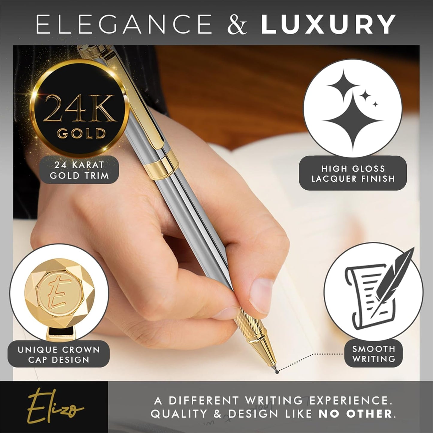 ELIZO Luxury Pen Fancy Real 24K Gold Plated Trim Chrome Silver Nice Pen Gift Rollerball Cool Best Pens Schmidt Ink EDC Pen Executive Smooth Writing Pens for Men Women