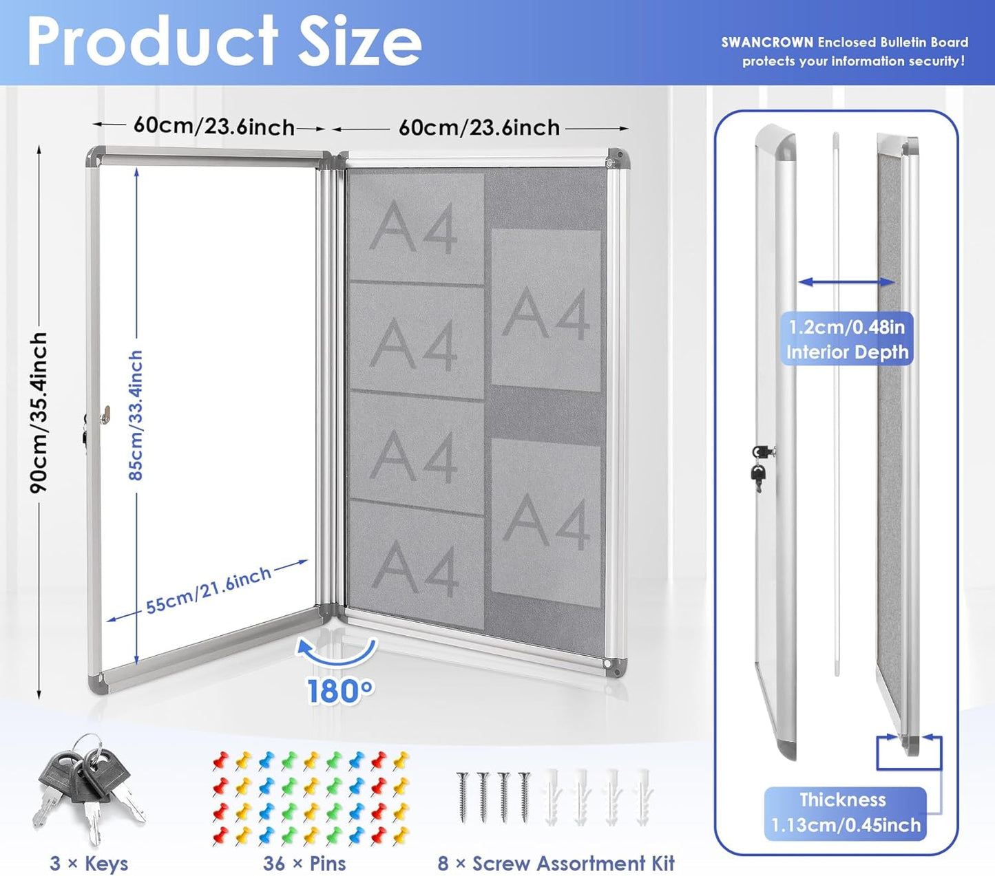 SWANCROWN Enclosed Bulletin Board 36x24 in, Tamperproof Lockable Grey Felt Board Wall Display Case for Office School Home, Aluminum Frame