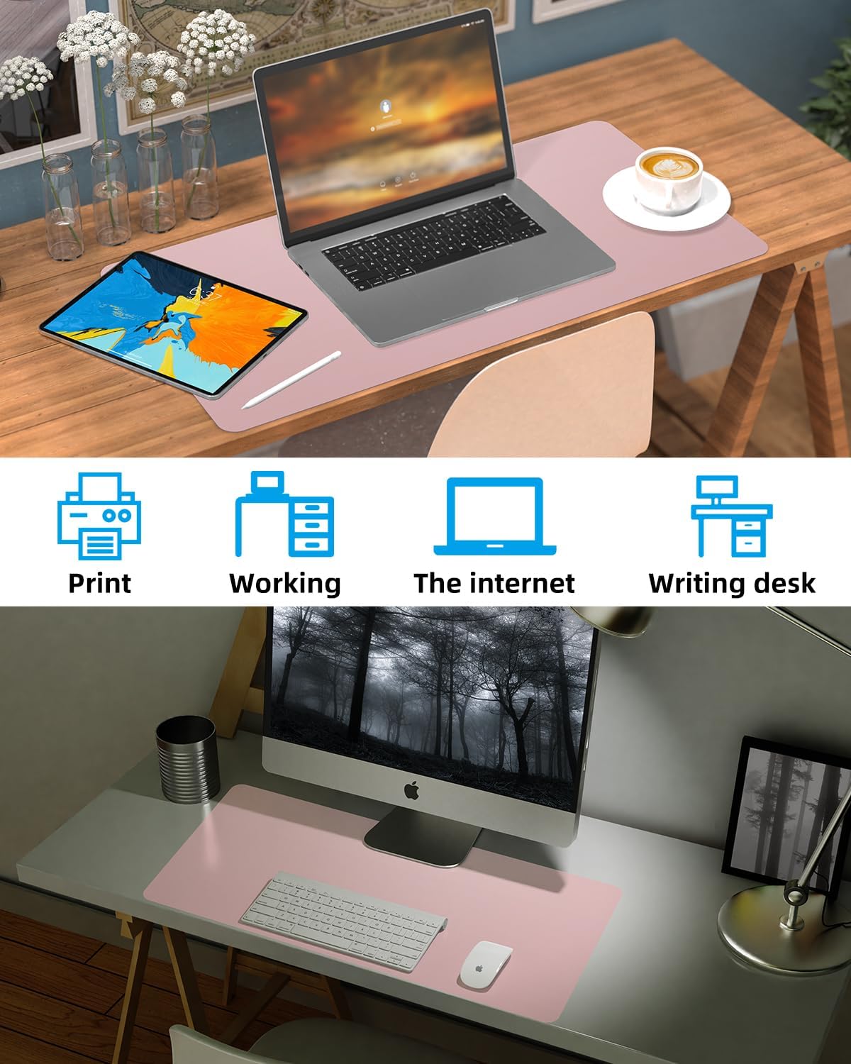 Pink Leather Desk Mat, Large Mouse Pad & Laptop Mat for Office & Home (23.6"x13.8")