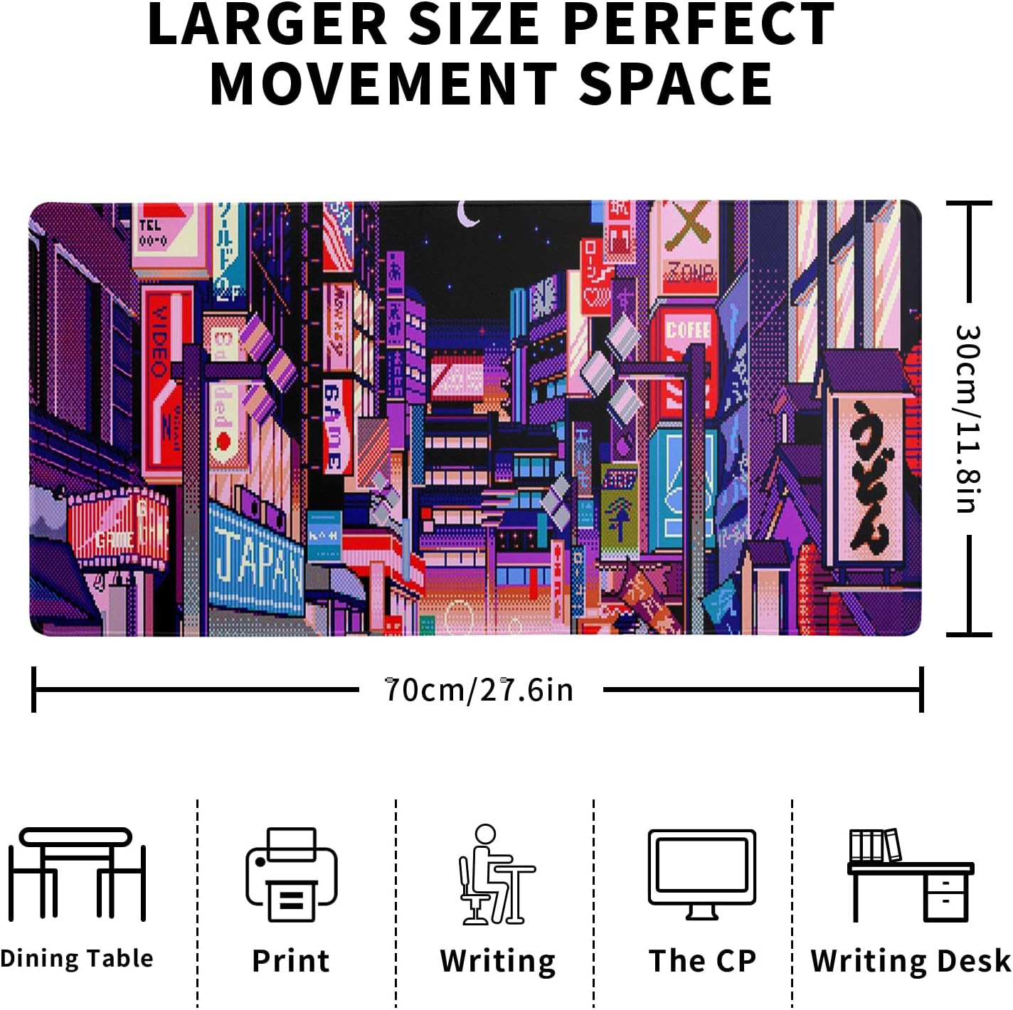 Dark Purple Japanese Gaming Mouse Pad Abstract Anime Mat 27.6x11.8 Inch Tokyo Pixel Street Texture Non-Slip Rubber Base Kawaii Mousepad Stitched Edges Keyboard Desk Pad for Office and Home Game