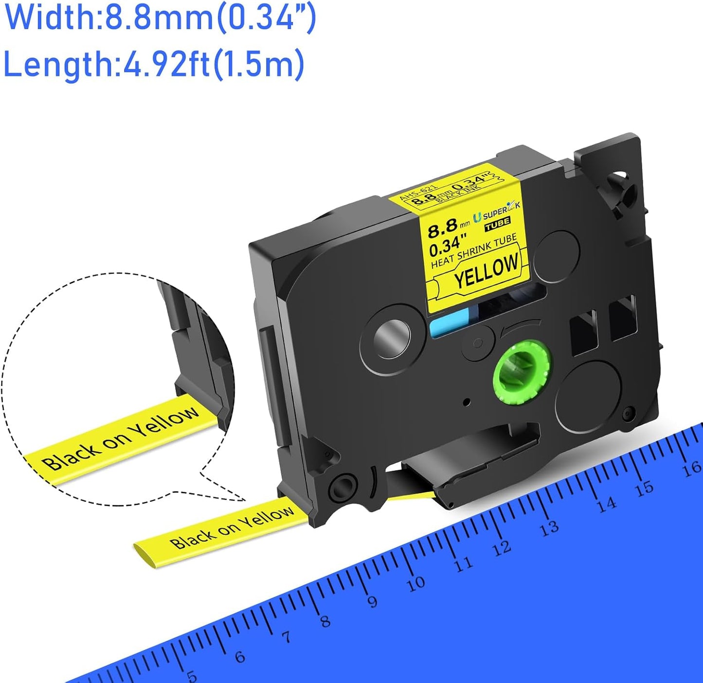 10PK Compatible for Ptouch HSe-621 HSe621 HS-621 HS621 Black on Yellow 8.8mm 0.34'' Heat Shrink Tubing for Wire Cable for PT300 PT-300B PT310 PT310B PT320 Label Maker Tape