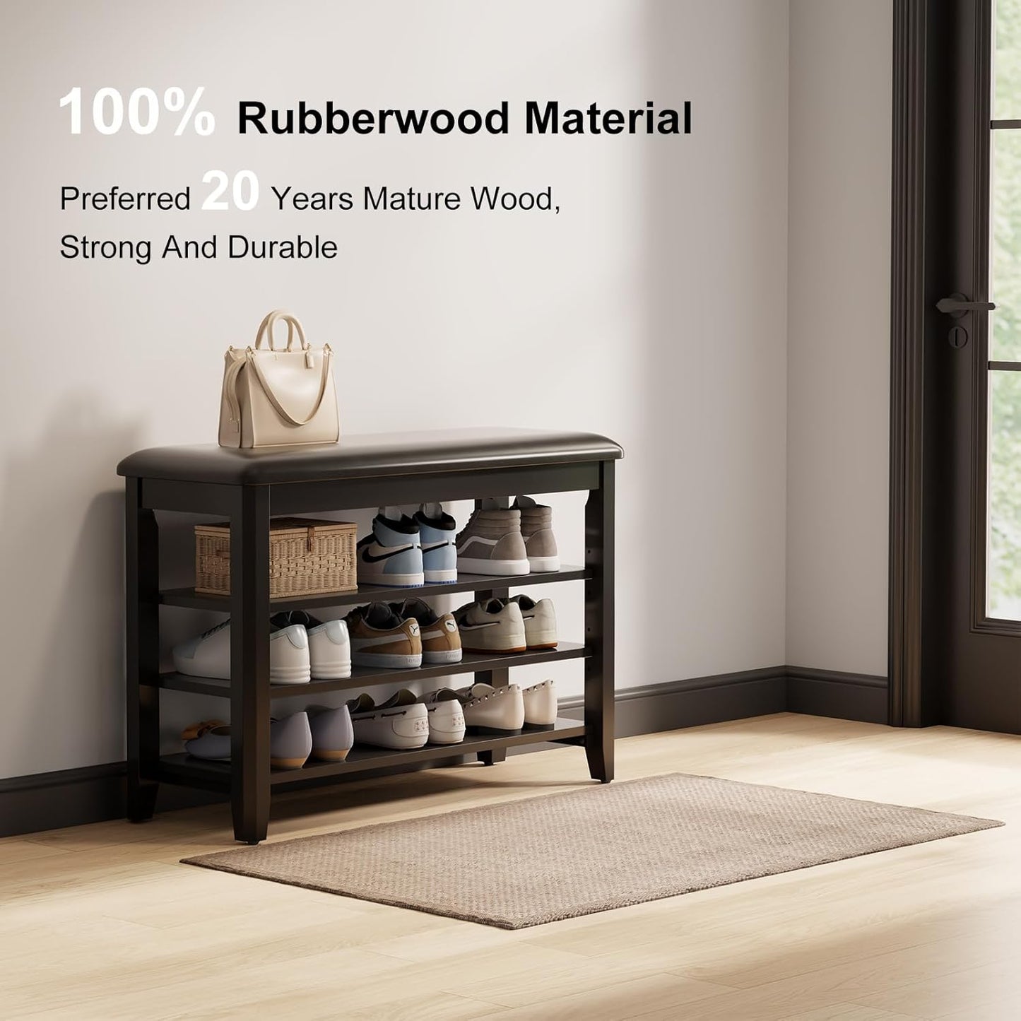 Shoe Bench with Leather Cushion, 3 Tiers Shoe Storage Bench Height Adjustable, Walnut Wood Entryway Bench for Hallway, Mudroom