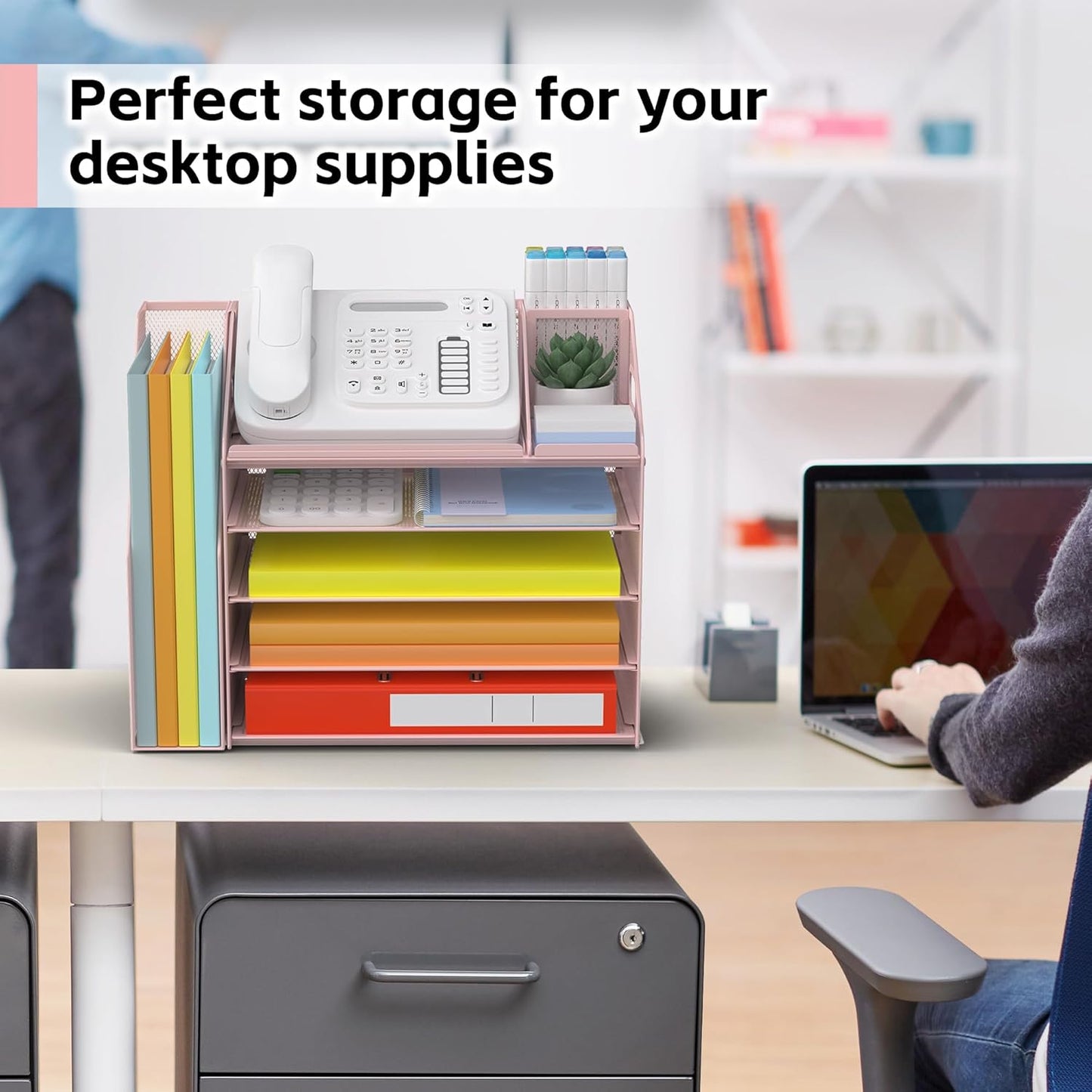 DocNest 5 Tier Paper Letter Tray File Organizer, Mesh Desk File with Handle, Workspace Desk Organizers with Pen Holder, Office Organization Storage Accessories - Pink