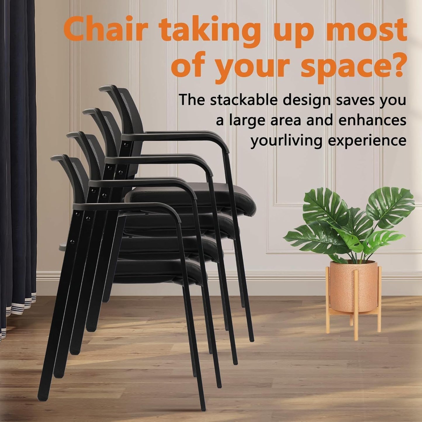 CLATINA Stackable Office Chair, Mesh Back Guest Chairs with Comfortable Leather Seat Arms Stacking Ergonomic Desk Chair No Wheels for Conference Waiting Reception School Stationary, Black, Set of 8