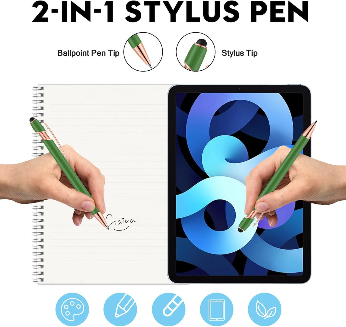 12 PCS 2 in 1 Stylus Ballpoint Pen with Stylus Tip, 1.0 mm Black Ink Metal Pen Stylus Pen for Touch Screens (Light Green)