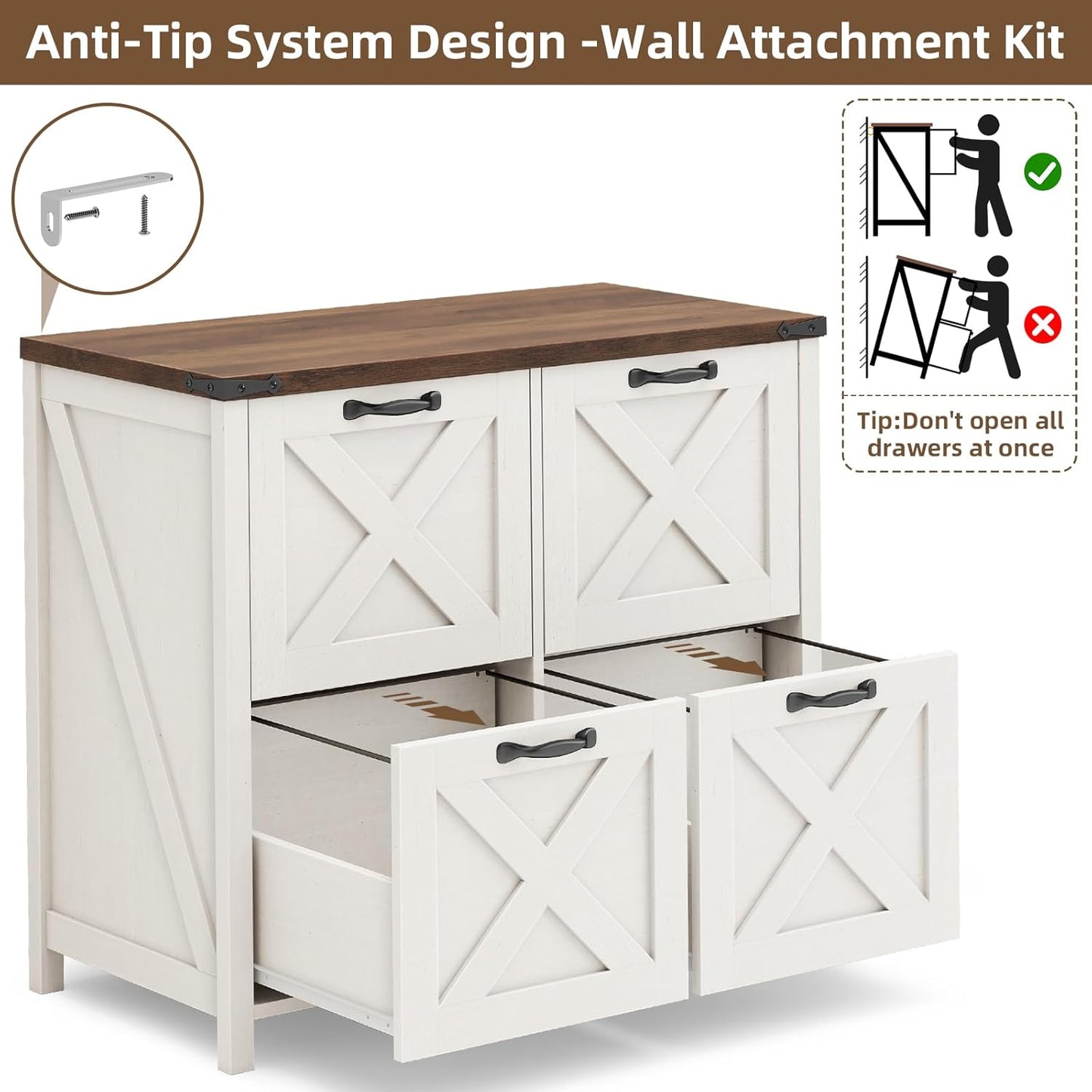 Lateral File Cabinet with 4 Drawers, Farmhouse File Cabinet for Letter/A4 Size Hanging Files, Large Wood File Storage Cabinets Printer Stand for Home Office Cabinets, Rustic White