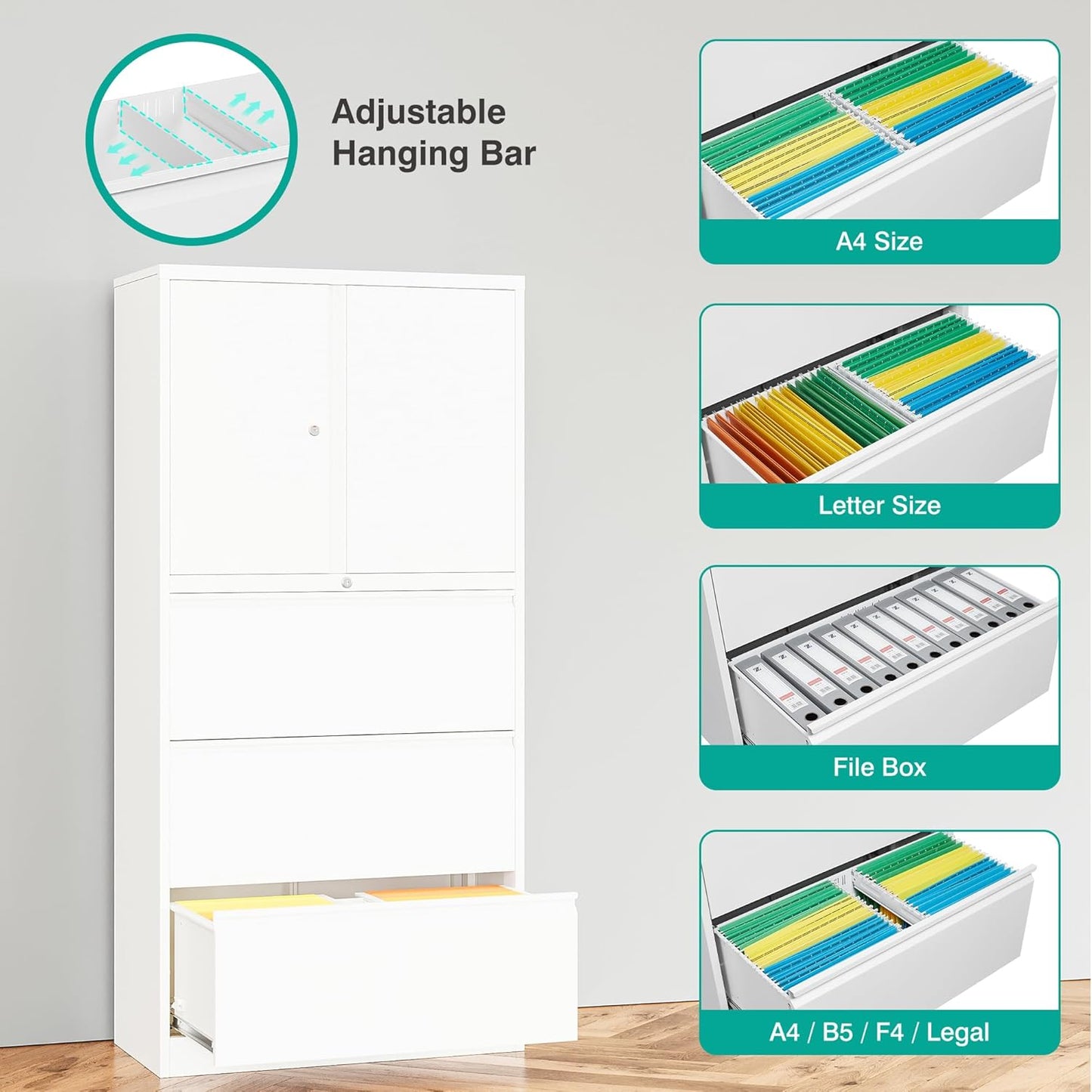 SISESOL 3 Drawer Lateral File Cabinet with Lock,White Filing Storage Cabinet with Doors and Shelves,Locking Metal Storage Cabinets with Drawers for Home,Office,Garage,School,Fit A4/Letter/Legal File
