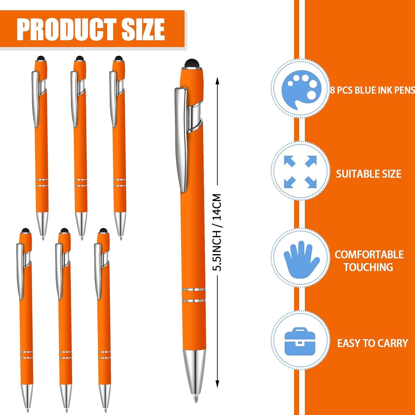 8 Pcs Blue Ink Ballpoint Pen with Stylus Tip 2 in 1 Stylus Ballpoint Pen Metal Pens Stylus Pen for Touch Screens School Office Coworkers (Orange)