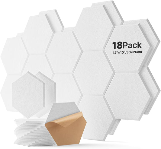 18 Pack Hexagon Acoustic Panels, Self-Adhesive Soundproof Wall Panels, High Density Acoustic Wall Panels, Sound Proofing Panels for Walls, Office, Reccording Studio, Ceiling 12" X 10" X 0.4" White