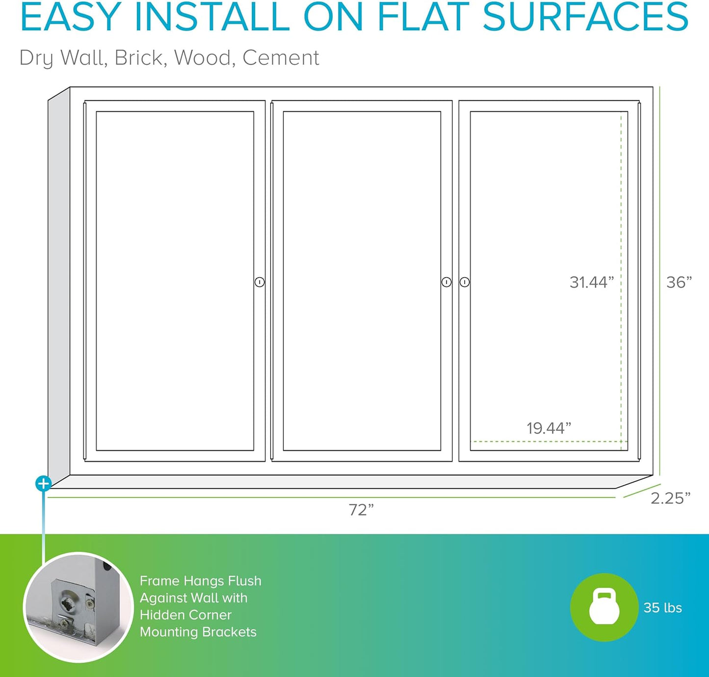 Ghent 36"x72" 3-Door Outdoor Enclosed Vinyl Bulletin Board, Shatter Resistant, with Lock, Satin Aluminum Frame - Ivory (PA33672VX-185), Made in the USA