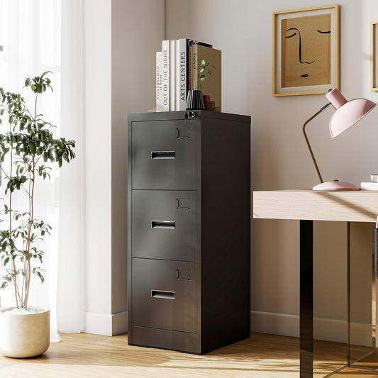 3-Drawer Locking Vertical File Cabinet, Metal Storage Cabinet for Office/Home – Secure Vertical Filing for Letter/Legal/A4/F4 Documents, Easy to Assemble Steel Cabinet, Black (Black, 3 Drawer-15W)