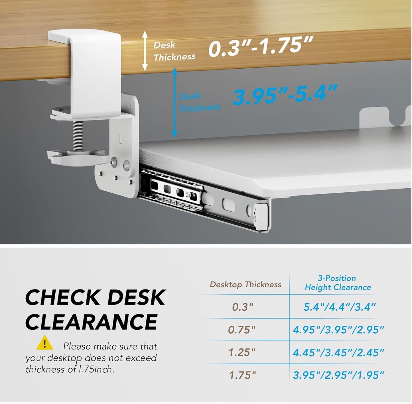 AX WABER Keyboard Tray Under Desk Pull Out with Extra Sturdy C Clamp Mount System, 27.3 (32.5 inch Including Clamps) x 11 Inch Slide-Out Platform Computer Drawer for Typing White AX01WW01