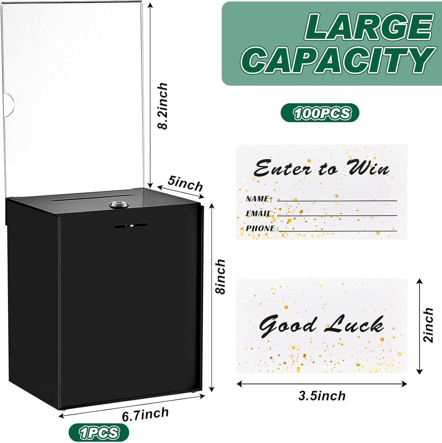 Teling Tall Acrylic Donation Box with Lock and Sign Plate Safe Suggestion Box with 100pcs Raffle Tickets Cards for Raffle, Money, Voting, Charity, Suggestion (Black)