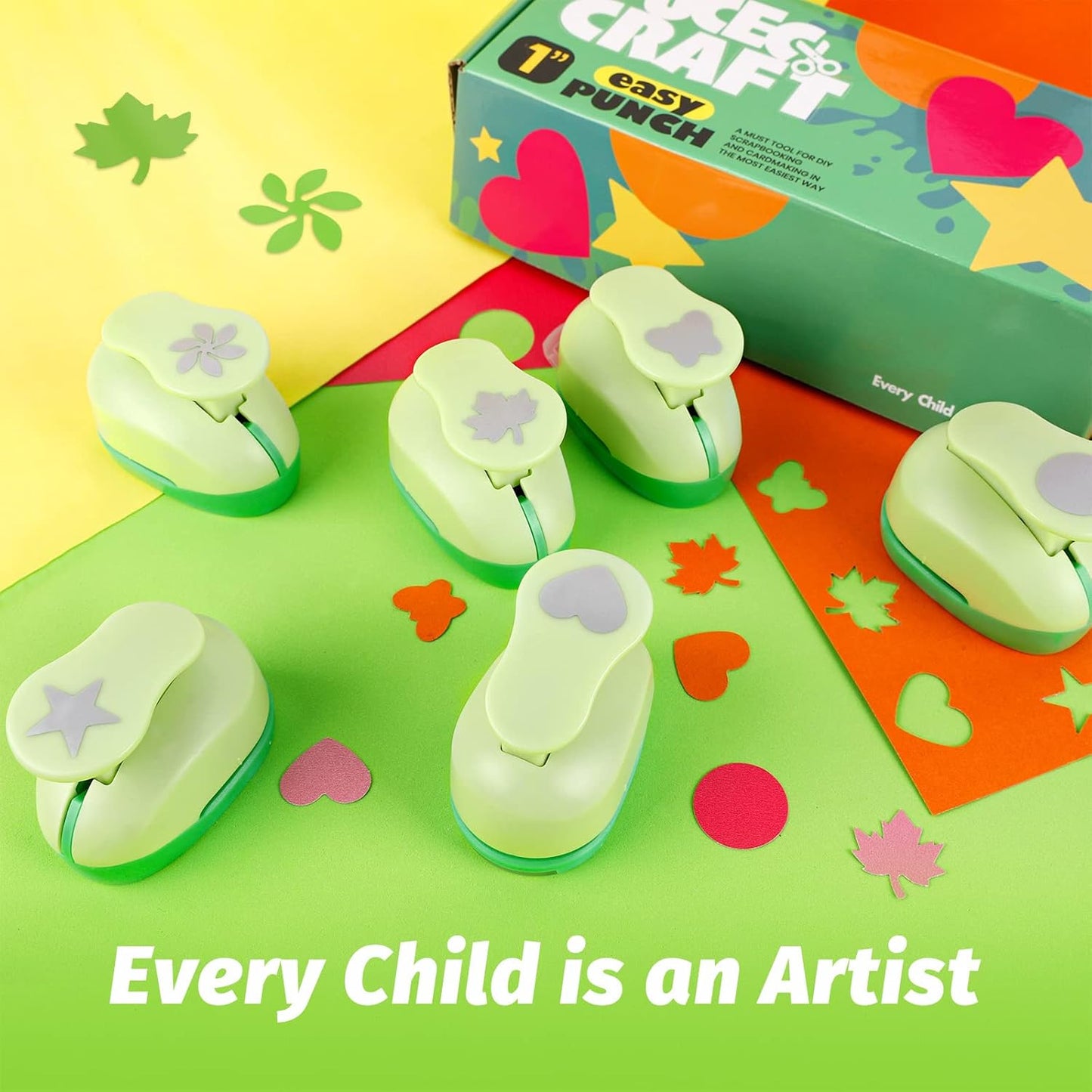 UCEC Paper Punches for Crafting, 1 Inch Craft Puncher, 6 Pcs Hole Punch Shapes Cutters for Paper Craft Heart, Circle, Star, Butterfly, Maple Leaf, Flower Punch Sets for DIY Projects Scrapbook