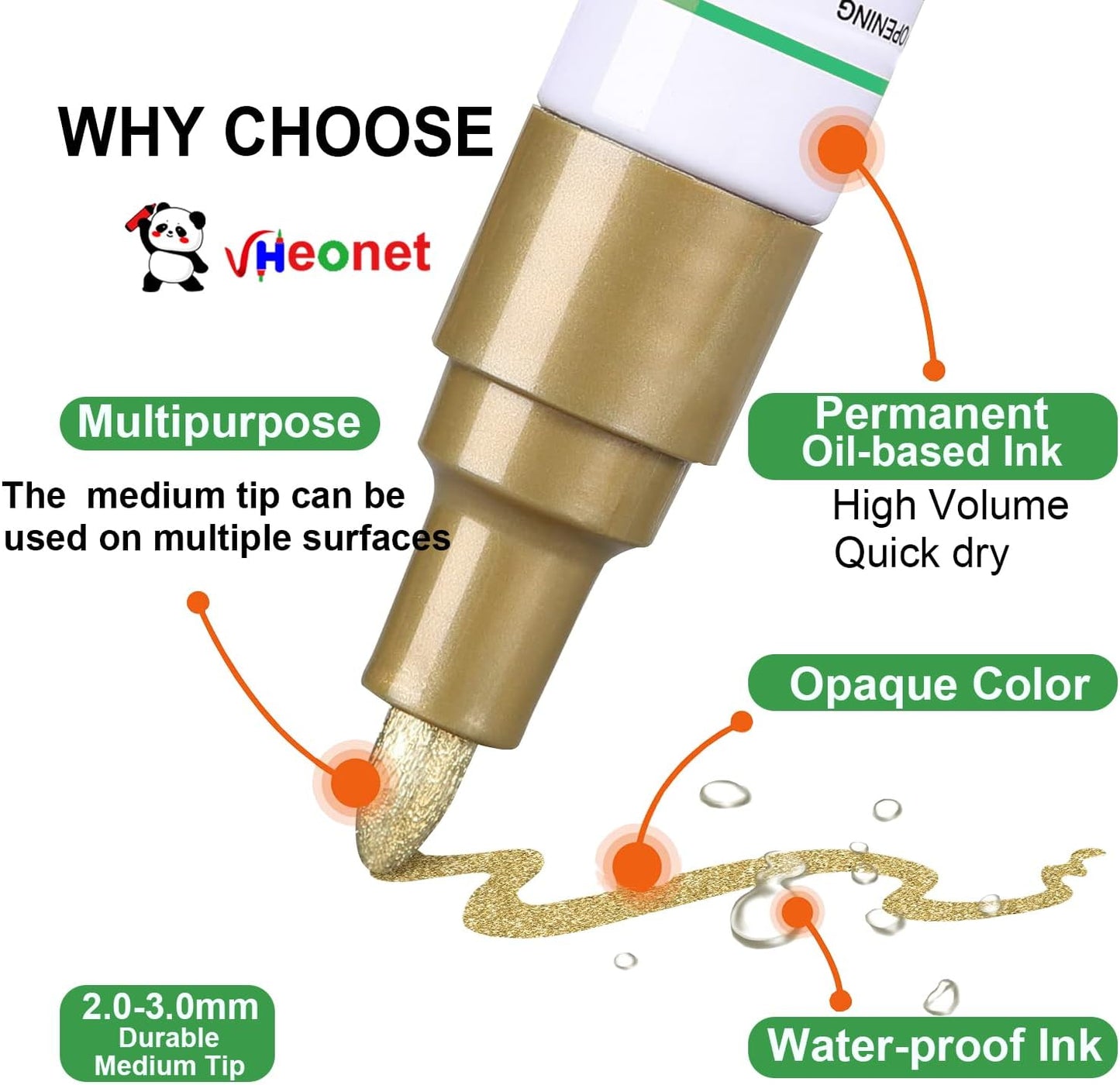 Gold Paint Pens marking pens Permanent Markers - 6 Pack Oil Based Waterproof Markers for Tire, Rubber,Wood, Rocks, Metal, Canvas,Plastic, Dark Surface,Craft office Supplies,Medium Point