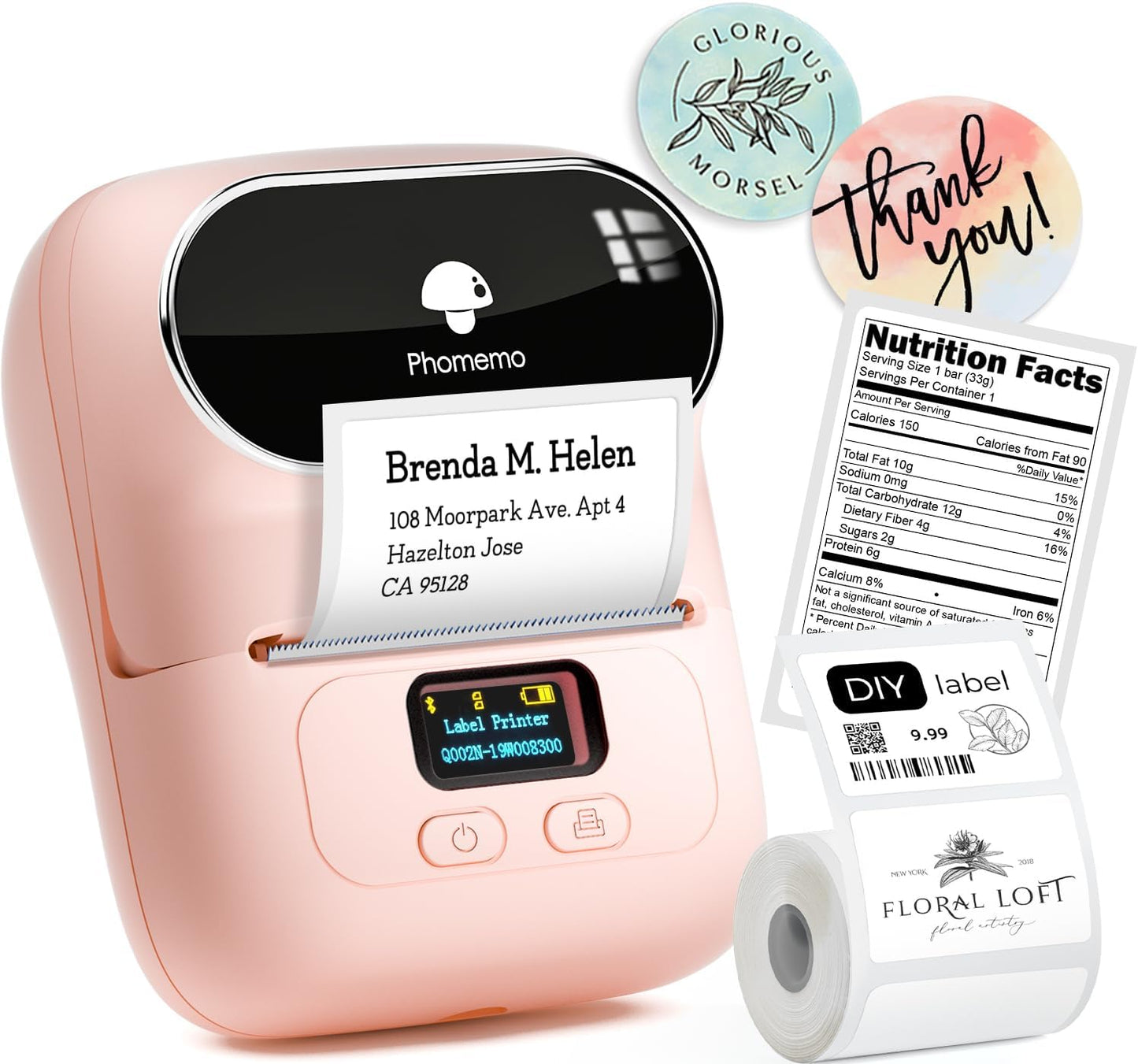 Phomemo Label Printer M110 Upgraded Label Maker Bluetooth No Ink Portable for Small Business, Address, Office, Home for Phone; for PC/Mac(USB), with 100 Labels, Baby Pink
