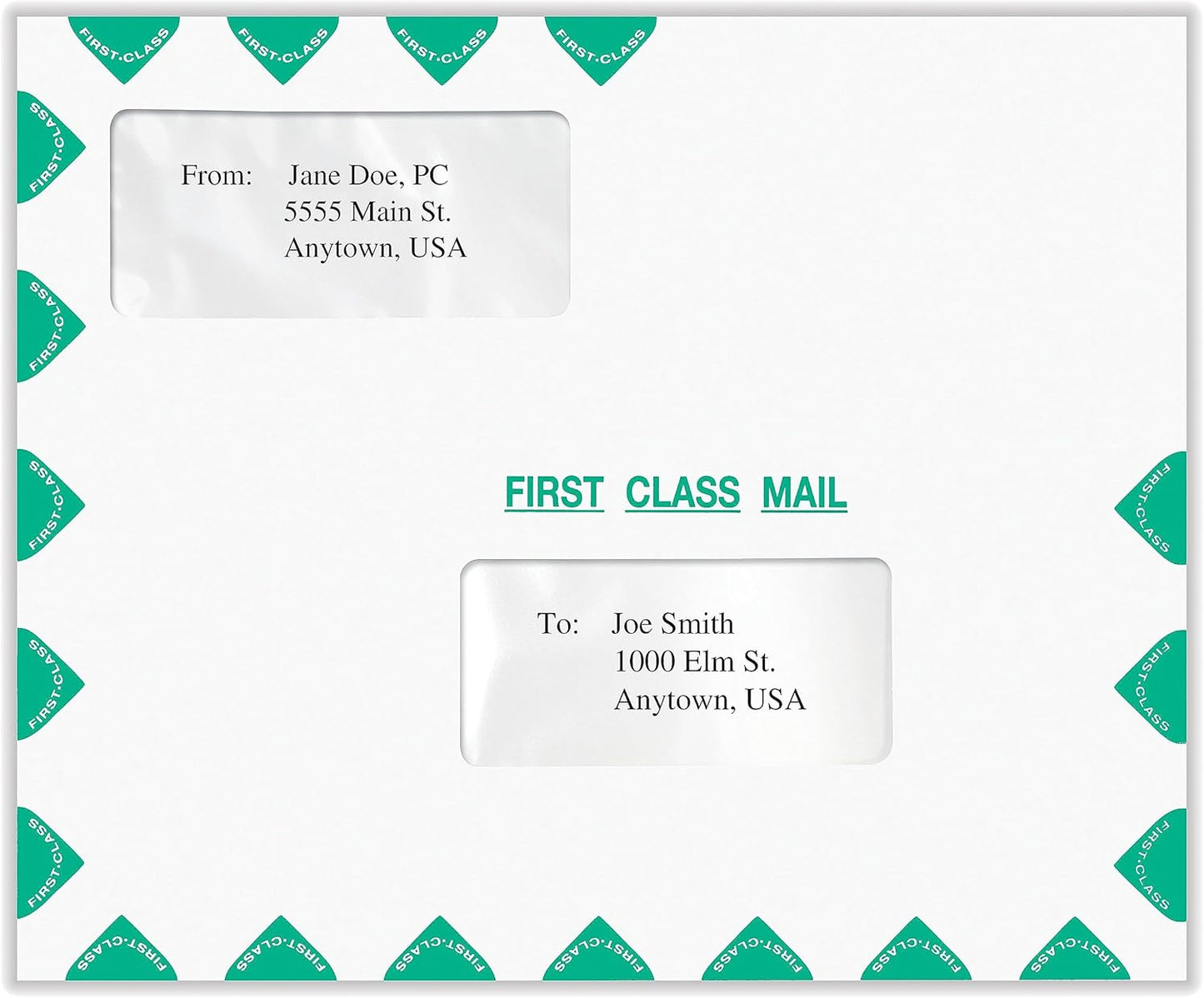 First Class Double Window Envelope | Tax Mailer, Landscape, White/Green, Moisture-Seal, 9-1/2" x 11-1/2", Pack of 50