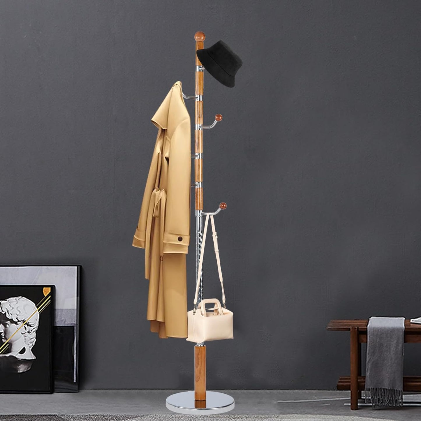 Coat Racks FreeStanding with 11 Hooks, Natural Wood Coat Rack with Solid Round Base, Adjustable Height Coat Racks, Easy Assembly for Hallway, Bedroom and Office (Solid Wood Metal Hook)