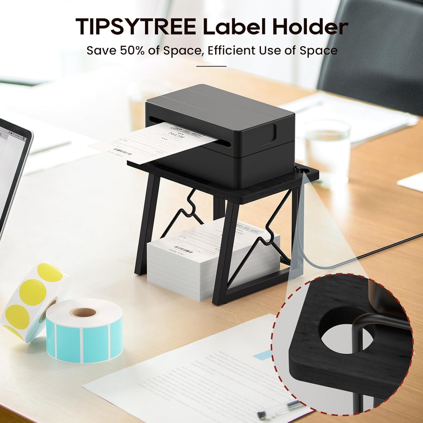 Label Holder for Rolls and Fan-fold Labels, Wooden Label Stand for Shipping Label Printer, Sticker Roll Holder Thermal Printer Accessory for Home, Office (Black)