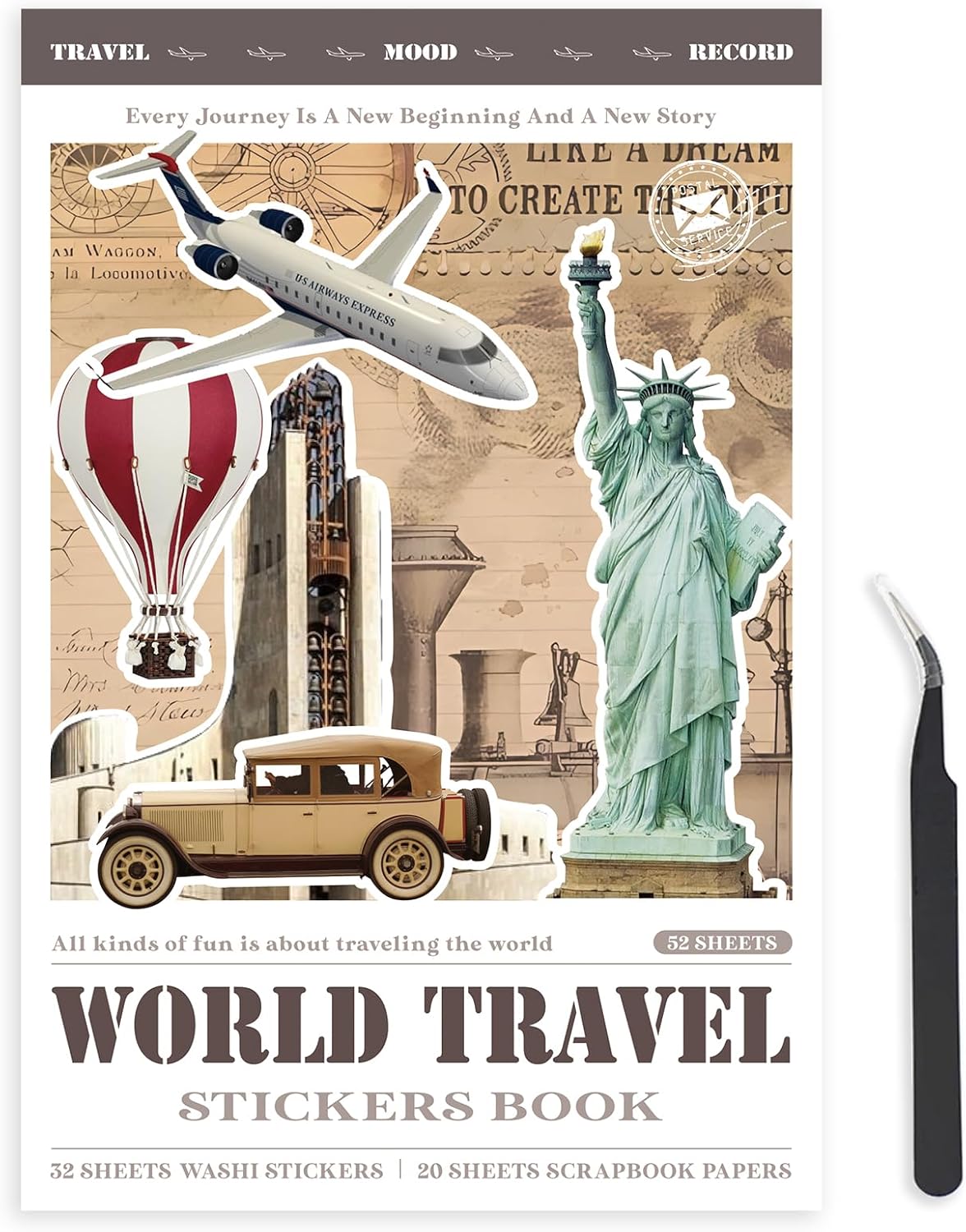Travel Sticker Book, 32 Sheets 377 Pcs Vintage Aesthetics Stickers & 20 Sheets Washi Paper for Journaling Scrapbooking Bullet Journals Planners Letter Card Making