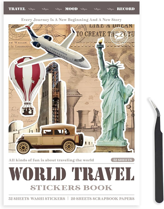 Travel Sticker Book, 32 Sheets 377 Pcs Vintage Aesthetics Stickers & 20 Sheets Washi Paper for Journaling Scrapbooking Bullet Journals Planners Letter Card Making