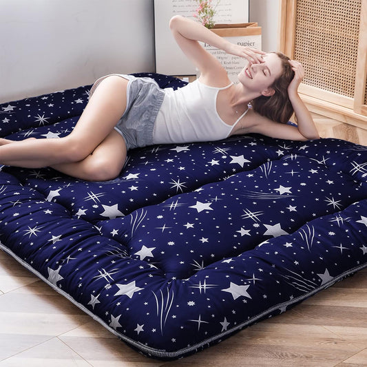 Navy Starry Sky Japanese Floor Futon Mattress, Tatami Mat Portable Camping Mattress Kids Sleeping Pad Foldable Roll Up Floor Lounger Couch Bed, King Size
