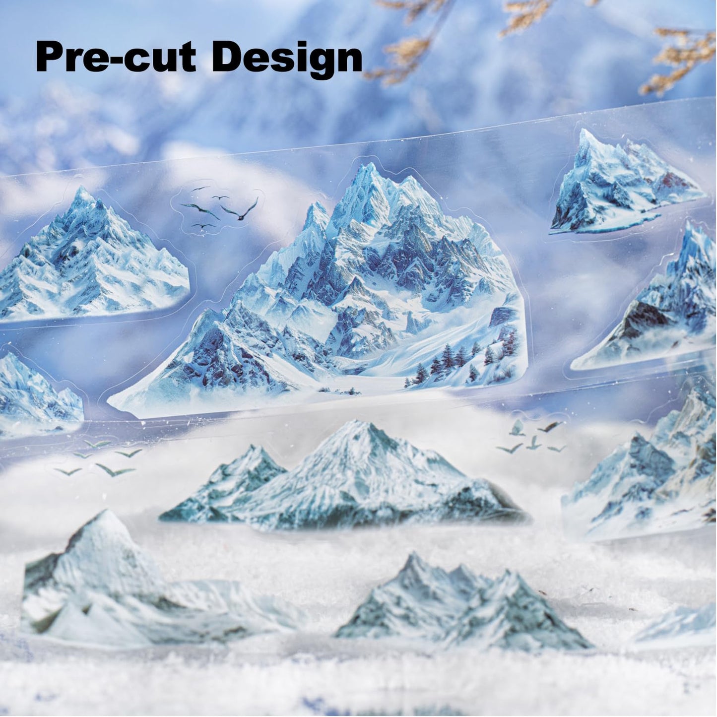 6 Rolls Snow Mountain PET Tape Set, Pre-Cut Scenic Stickers for Scrapbooking, Journaling Supplies, DIY Crafts, with Decorative Clip