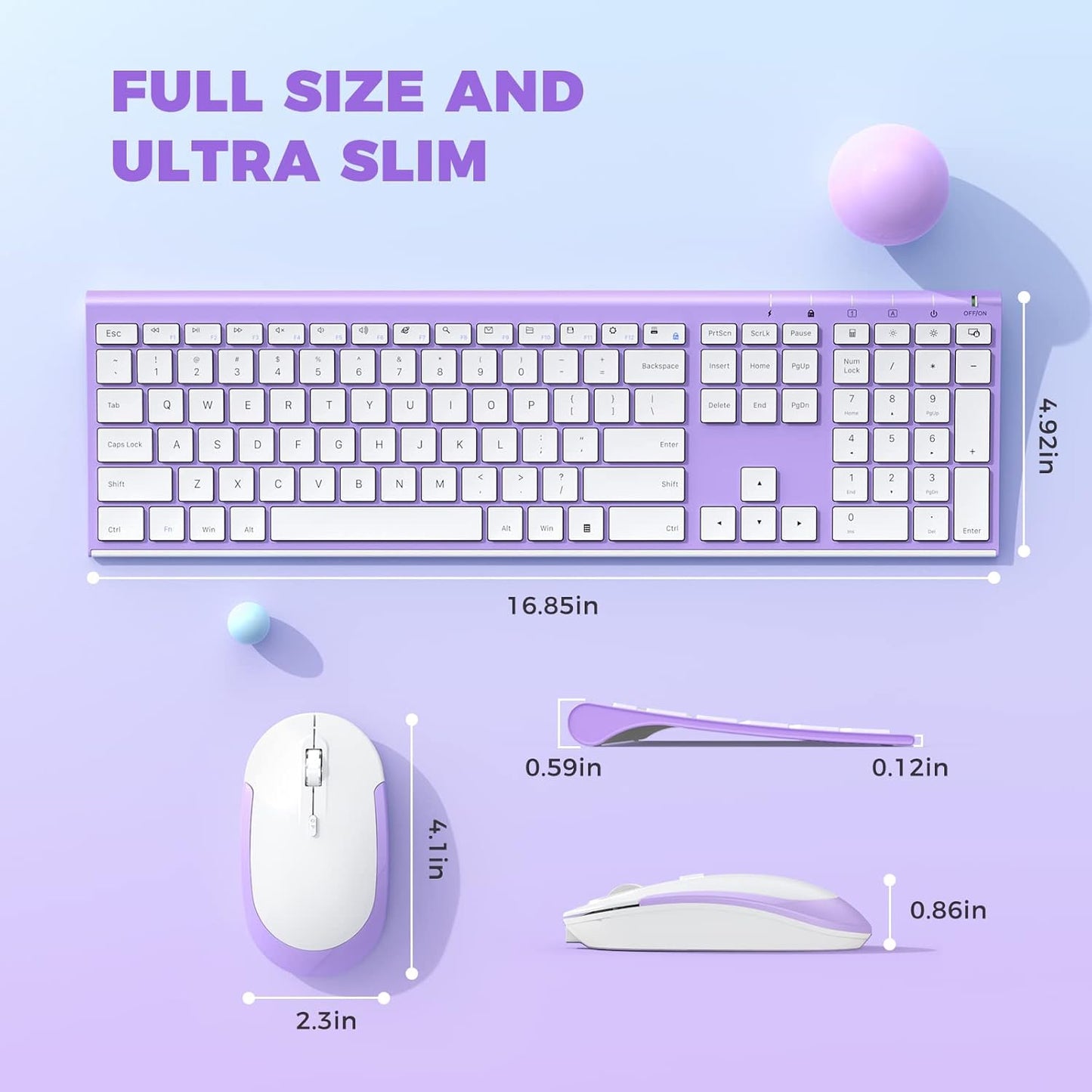 Wireless Keyboard and Mouse, Vssoplor 2.4GHz Rechargeable Compact Quiet Full-Size Keyboard and Mouse Combo with Nano USB Receiver for Windows, Laptop, PC, Notebook-Lavender Purple