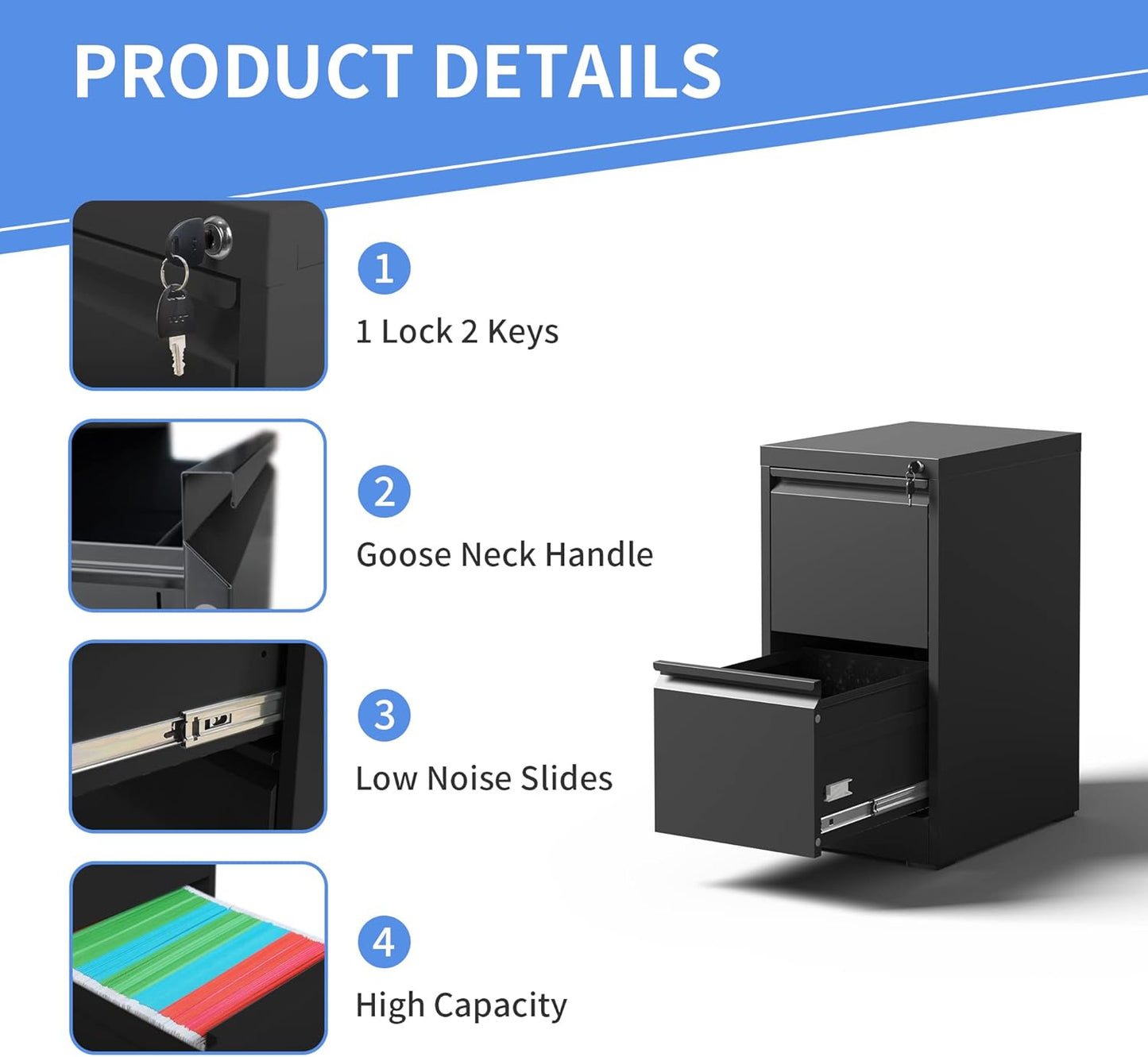 2 Drawer File Cabinet with Lock, Vertical File Cabinet with Lock, Locking File Cabinet Hanging Files for A4/ Legal/Letter,White