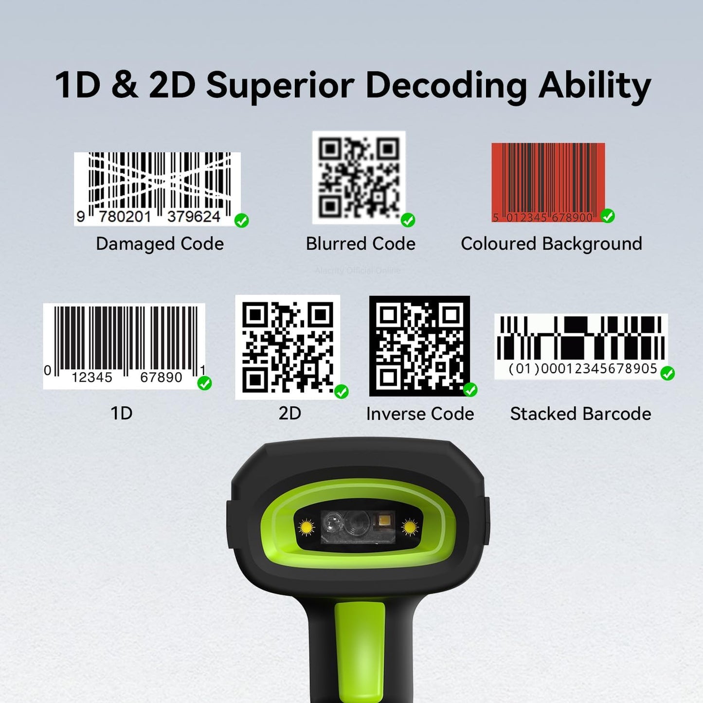 Alacrity DPM Industrial Barcode Scanner, 1D 2D & Direct Part Marks Symbologies, Wireless Charging, Long-Distance 433MHz Wireless & Bluetooth Connectivity, Shock and Dust-Proof Barcode Reader, Green