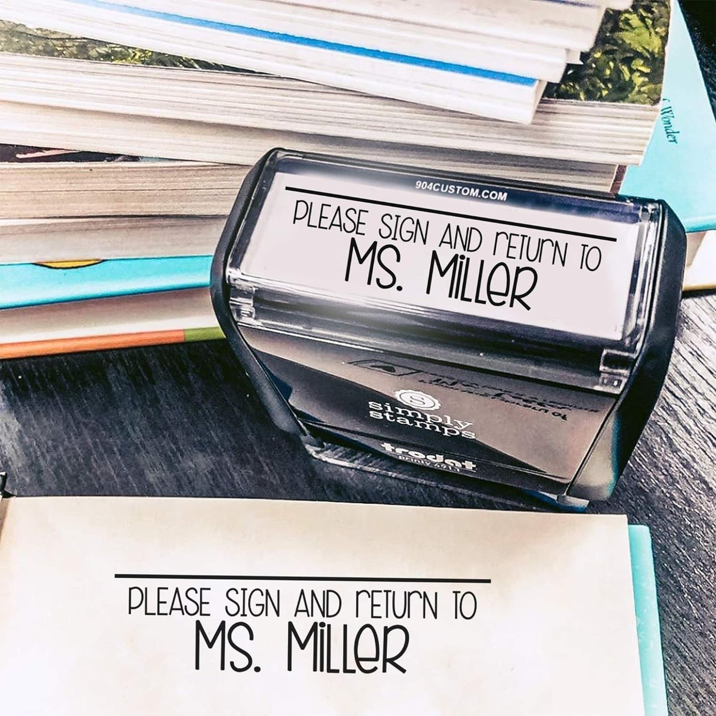 Custom Self-Inking stamps with 49 fun designs for easy grading. Great for Classroom, Teacher, & Library Bookmarks. Includes "Please Sign and Return" & Xtra Large options
