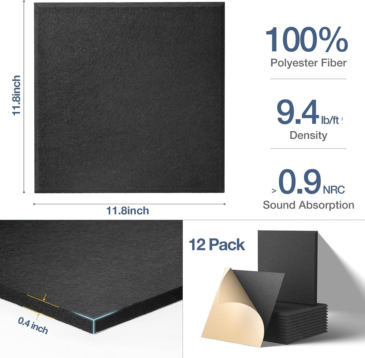 12 Pack Self-Adhesive Acoustic Panels, 12" X 12" X 0.4" High-Density Polyester Sound Proof Foam Panels for Walls, Soundproof Wall Panels for Home & Office (Black)