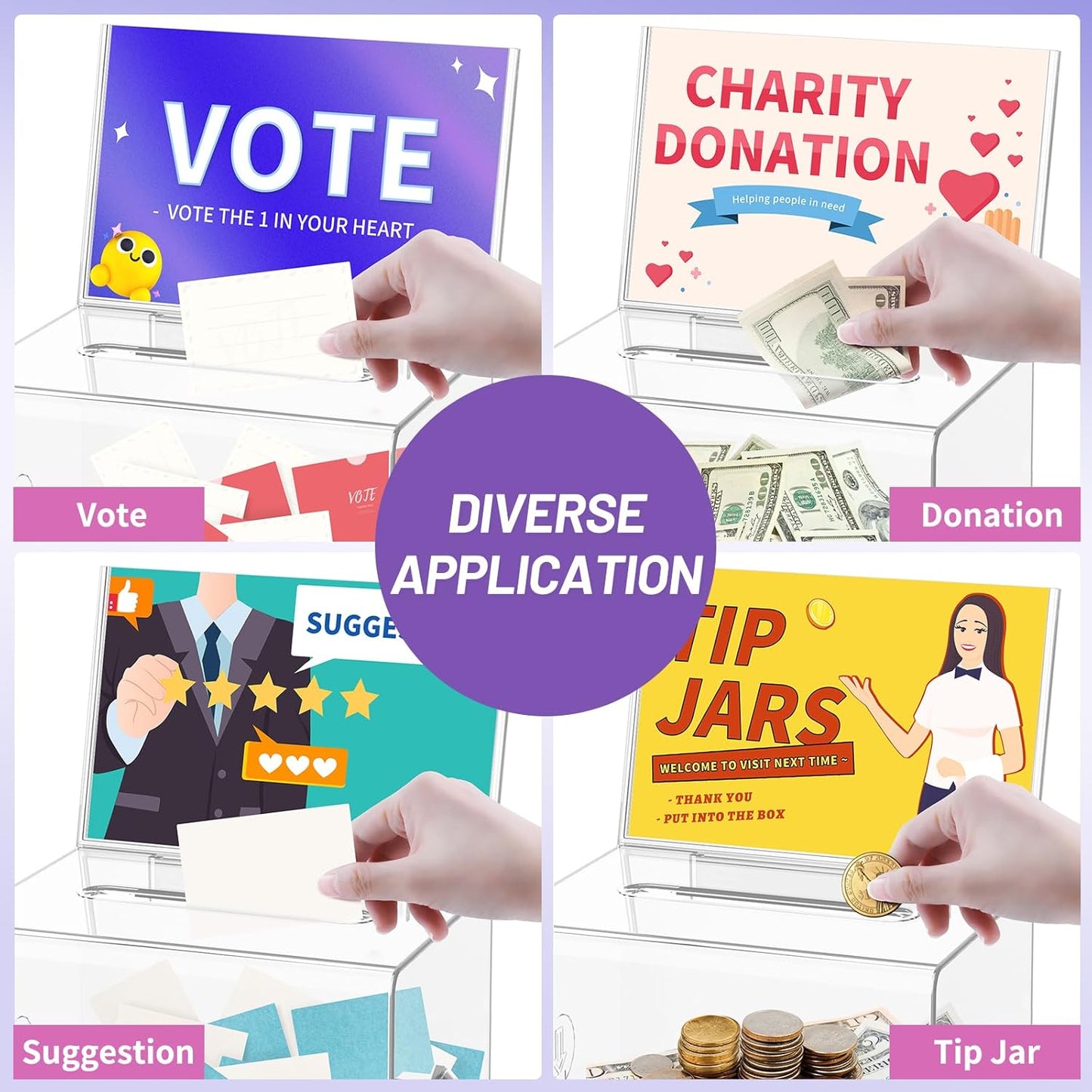 Donation Box with Lock, Clear Ballot Box with Sign Holder, Suggestion Box, Donation Boxes for Fundraising, Tip Jar, Raffle Box, Lock Box for Cards, Votes, Tickets, Prayer, Money, Cash