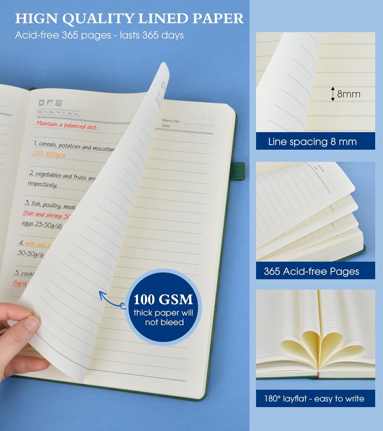 A4 Lined Journal Notebook，365 Page Large Leather Journals for Writing Women Men，Hardcover Notebook with 100Gsm Thick Pages for Travel，Work，School，College Ruled, Daily Diary (8.5" x 11.4")