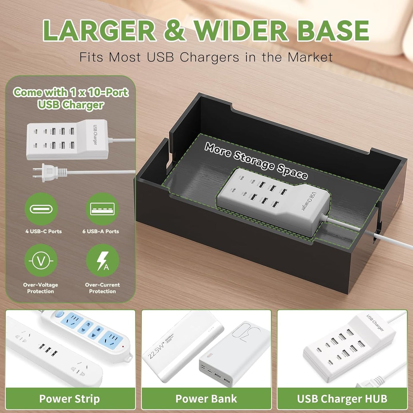Pezin & Hulin Bamboo Charging Station for Multiple Devices, USB Charger Dock Organizer, with Power Supply (10 Ports HUB), 6 Cables, Cable Management Organizer for Cell Phones, Tablets -Black