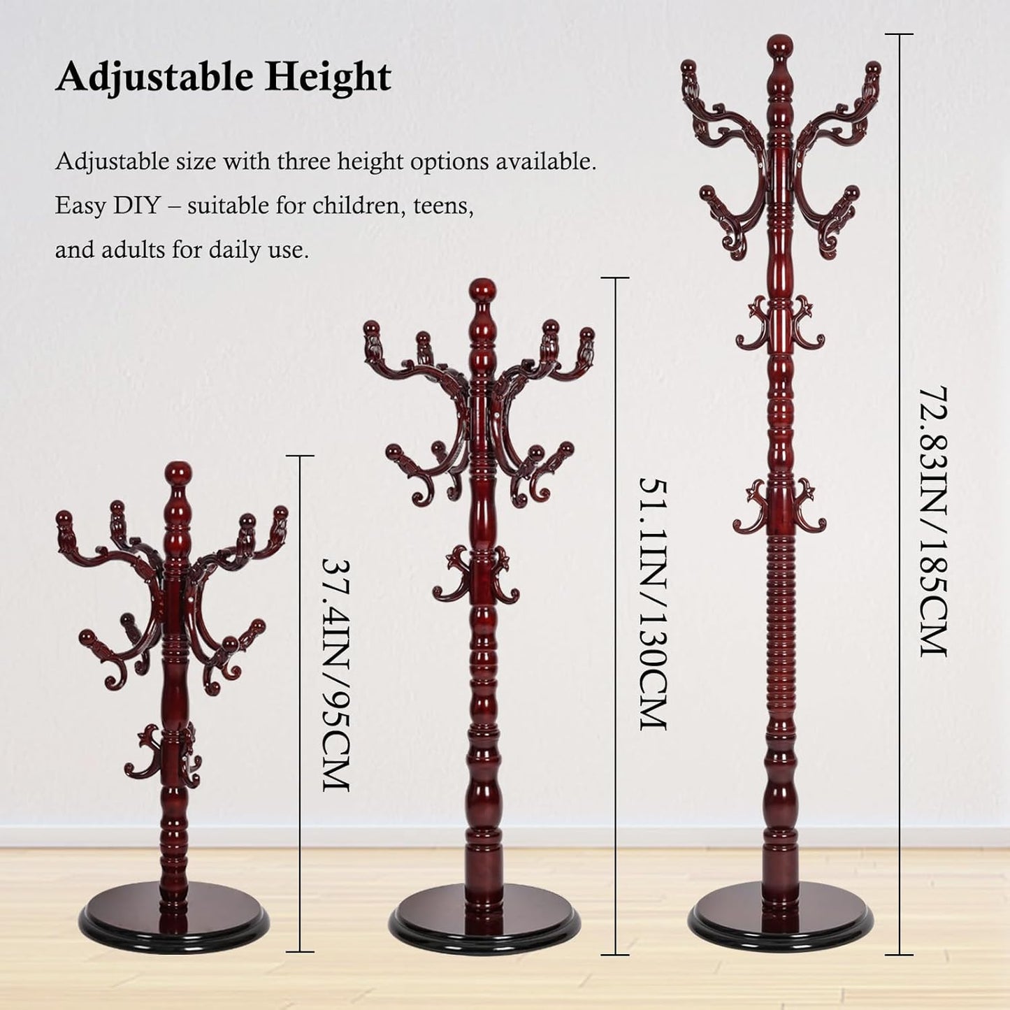 Coat Rack Stand, Solid Wooden Coat Tree with 14 Hooks, Heavy Duty Coat Rack Freestanding with Sturdy Round Base, Natural Birch Wood Coat Hanger Stand for Entryway Bedroom (Rosewood)
