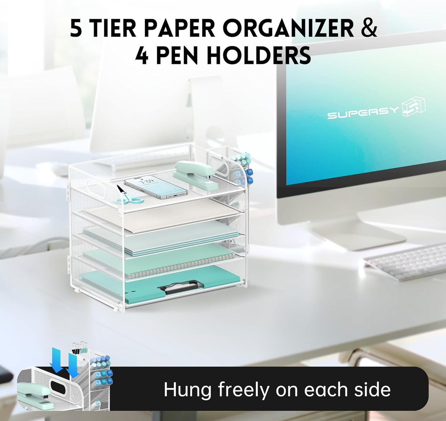 SUPEASY 5 Tier Desk Organizer with Handle & Removable Pen Holders, Mesh Paper/File Organizer for Desk, Paper Letter Tray Organizer for Office Supplies (White)