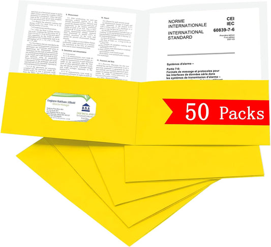 Zzrywuty 50 Packs Two Pocket File Folders with Business Card Slot,Textured Paper,Letter Size,Holds 100 Plus Sheets for School,Office,Business,Yellow