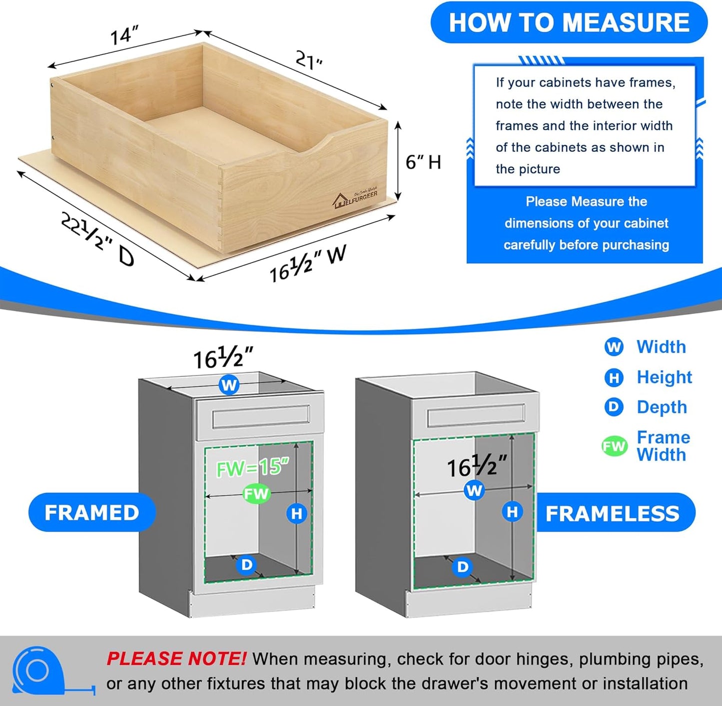 WelFurGeer Premium Birchwood Pull-Out Cabinet Drawers, 14" W x 22" D Pull Out Cabinet Organizer, Soft Close Slide-Out Shelves for Kitchen Cabinets, Heavy-Duty Cabinet Organizer for Home & Kitchen