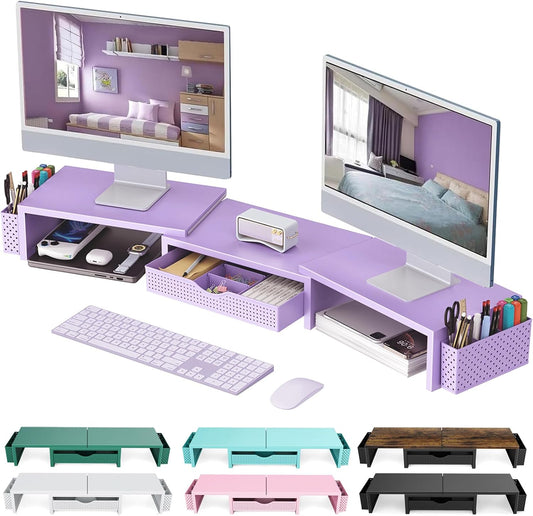 gianotter Dual Monitor Stand Riser, Desk Organizer With Drawer and 2 Pen Holders, Desk Organizers and Accessories, Purple Office Decor (Purple)