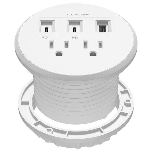 LIDER PD 65W GaN Technology Desktop Power Grommet, Power Delivery, USB-A and 2 USB-C Ports, Tamper-Resistant Receptacles, Self-Close Cover, Desk Charging Station, White, 6.5ft Cord, ETL Listed
