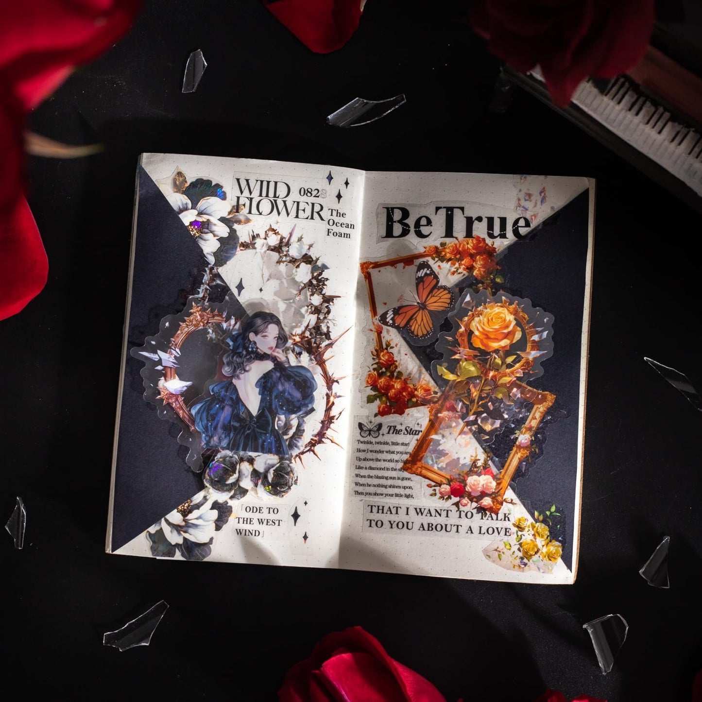 Broken Mirror Frame Stickers Set, 40PCS Gothic Rose PET Scrapbook Supplies for Journaling, DIY Crafts, and Planners