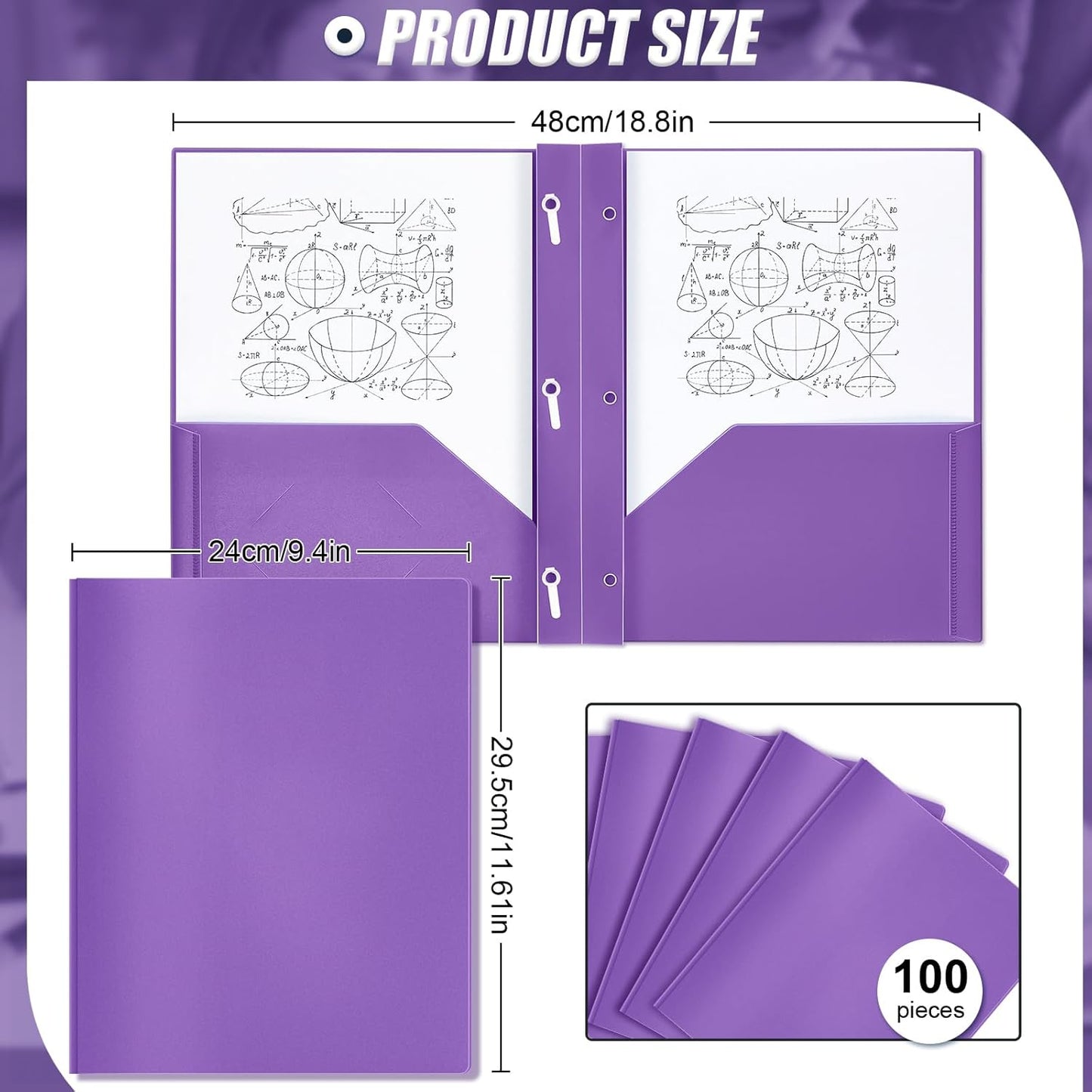 Lincia 100 Pcs Plastic Folders with Pockets and Prong Folders with Prongs Plastic Folders with 2 Pockets Pocket Folders for Office, School for Students, Teachers, Office Workers (Purple)