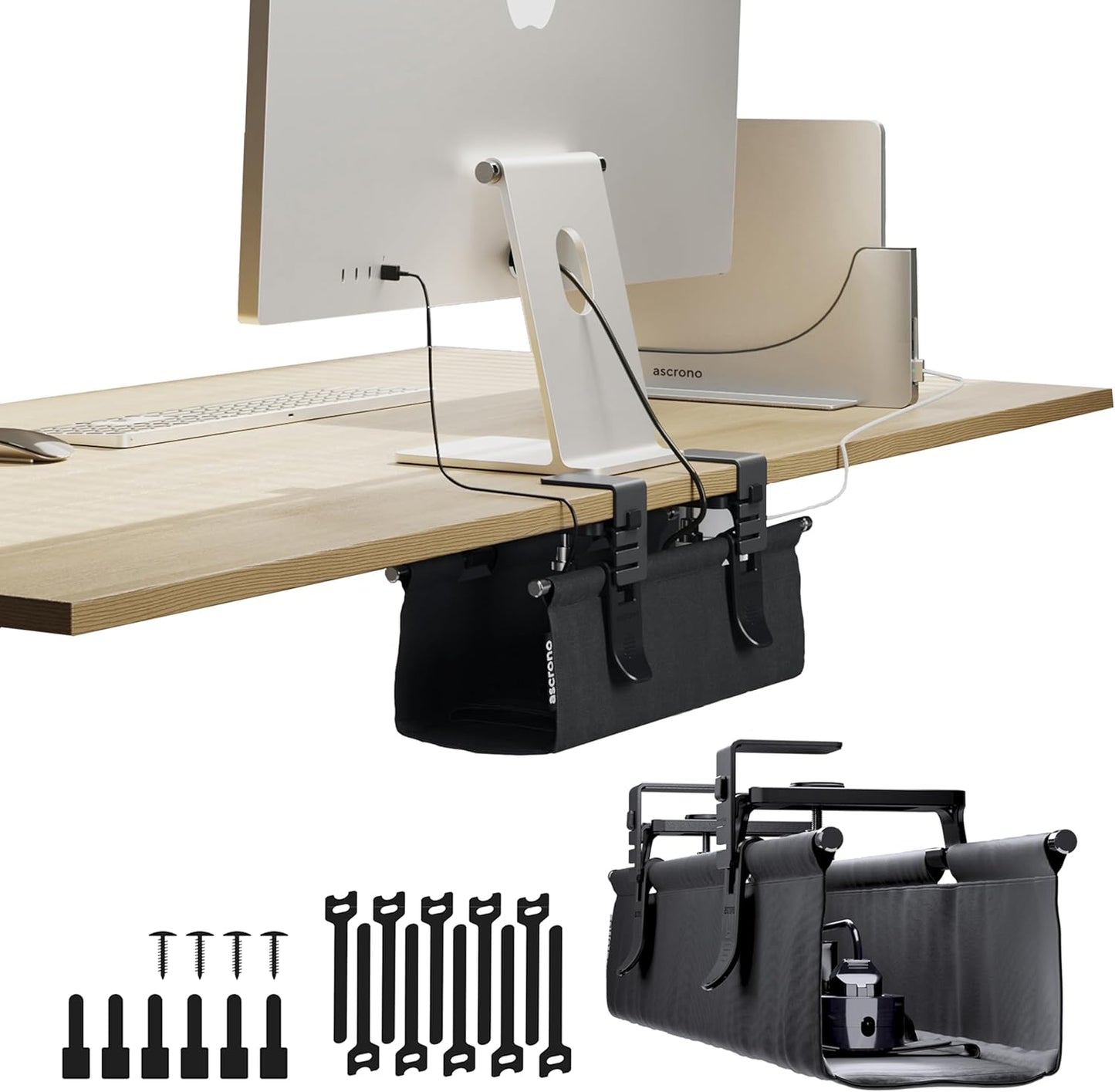 Original No Drill Under Desk Cable Management Tray 14.1" - Premium Black Fabric Cable Management Under Desk - Clamp/Screw Mount Cord Organizer - Supports Upto 66lbs