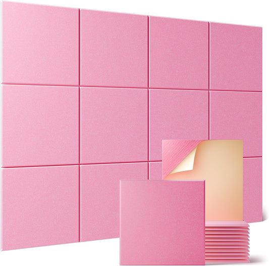 Sonicism 12 Pack Acoustic Wall Panels with Self-Adhesive, 12" X 12" X 0.4" Sound Proof Foam Panels, Decorative Soundproof Wall Panels, Sound Proof Absorbing Tiles for Home & Offices, Pink