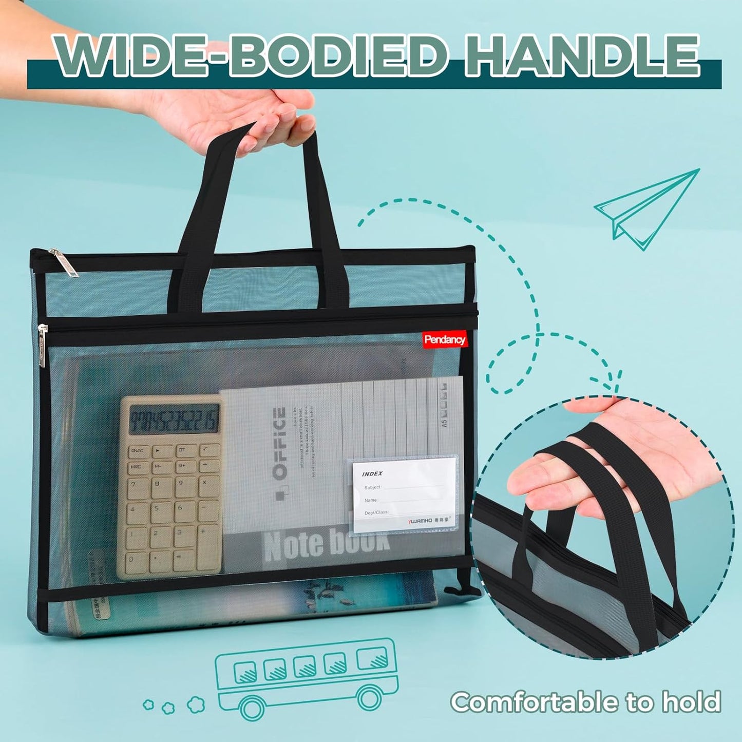 Pendancy Mesh Zipper Pouch A3 Size, Large Double Pocket Lightweight Nylon Transparent File Bag with Handle, 13x17 in Foldable Document Storage for Puzzle Project/Cross Stitch/Travel/Office (Black)